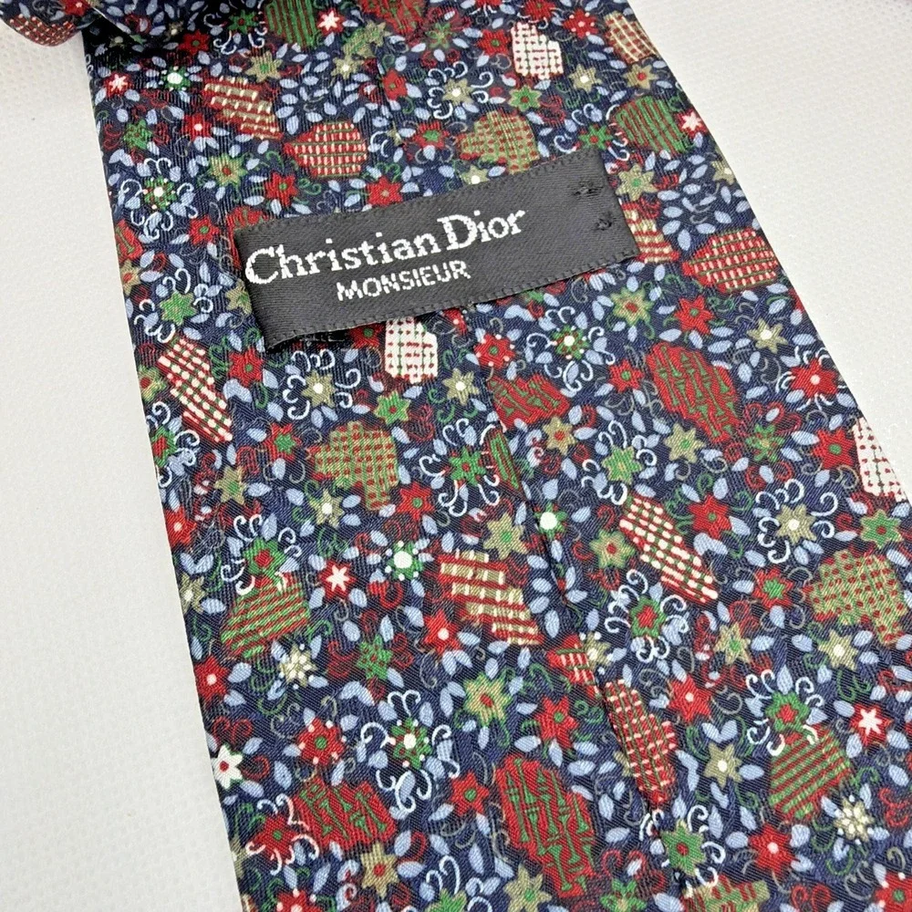 Christian Dior Monsieur Necktie Burgundy Blue Floral Geometric Polyester